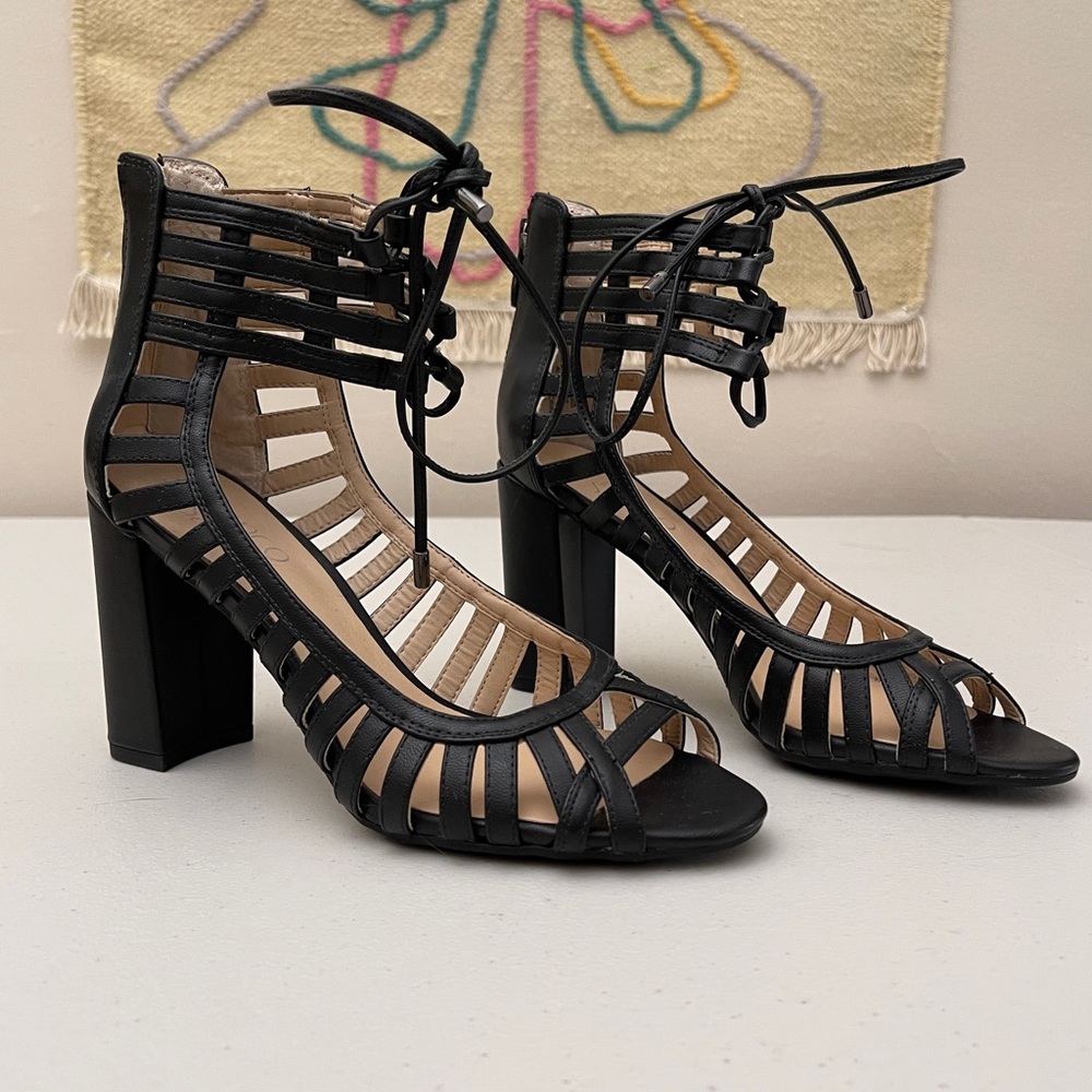 Franco sarto black heels geometric lace up design size 6